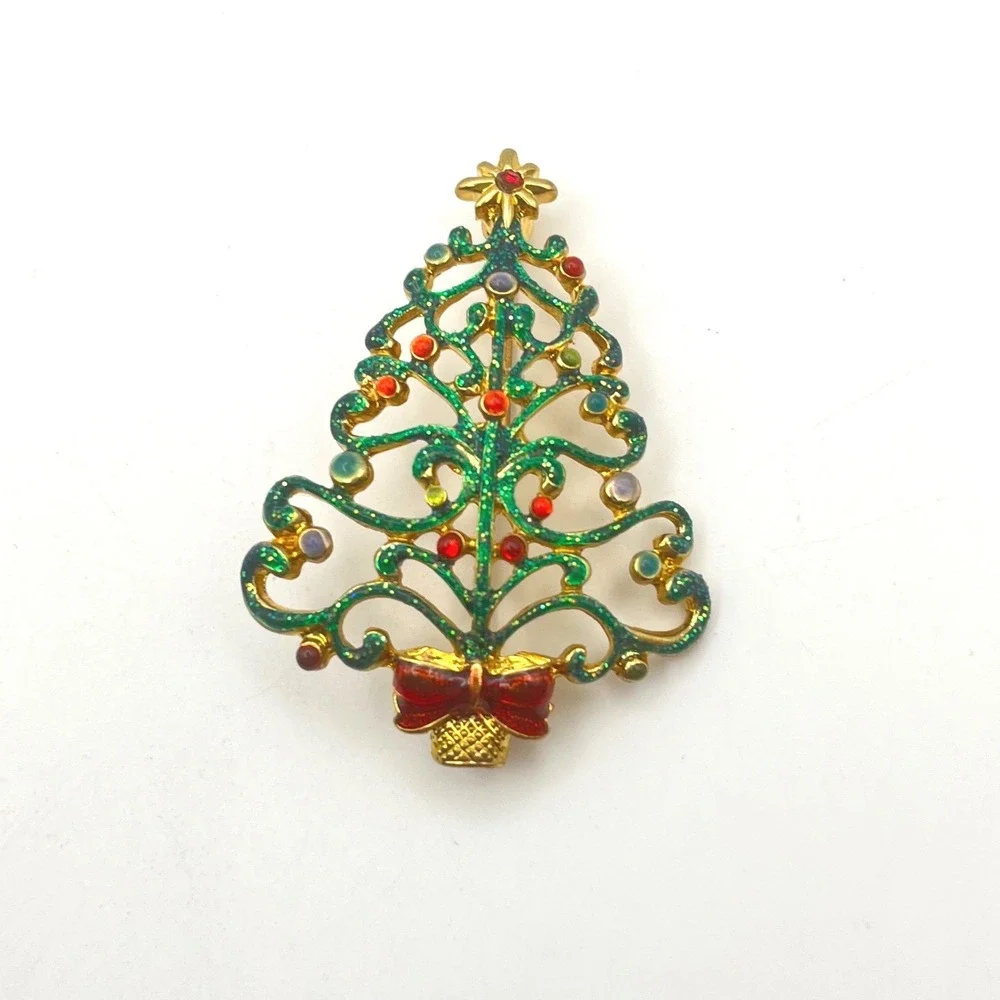 Christopher Radko Christmas Tree Brooch Gold Tone Green Glitter Rhinestone Pin - Picture 2 of 5
